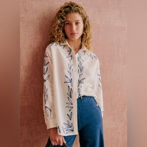 Sézane White and Blue Leaf Print Top